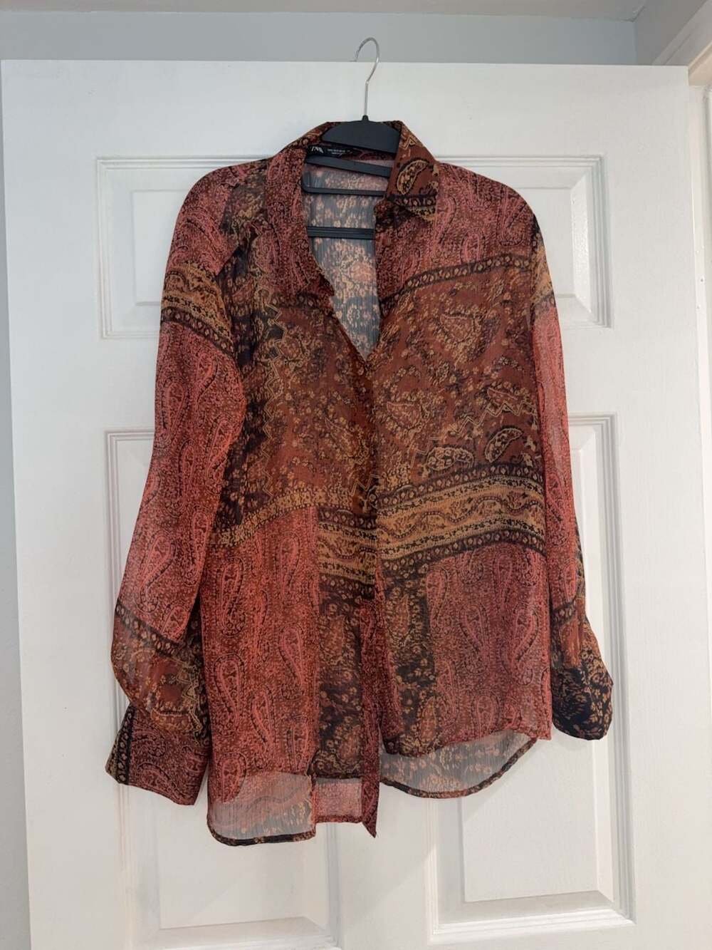 Zara Sheer Paisley Print Button Down Shirt